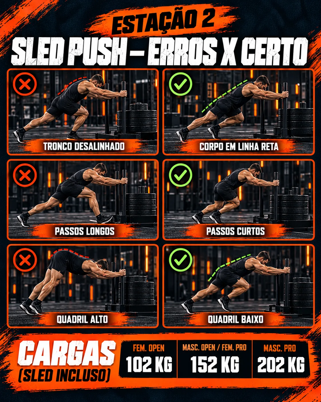 Sled Push: erros x certo e cargas por categoria